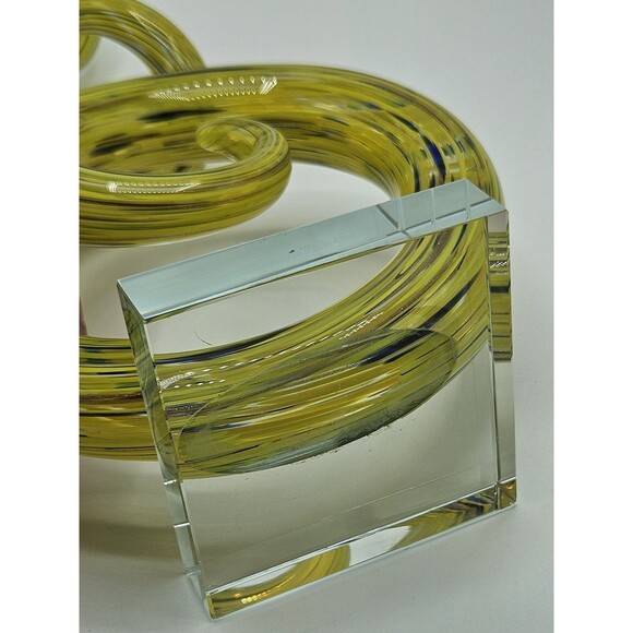 Murano Style Art 21" Glass Spiral Sculpture in Yellow Swirl Pattern With Base - Picture 8 of 11